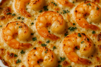 Creamy garlic shrimp gratin baked with a golden breadcrumb and cheese topping, served hot in a white baking dish as a rich, savory seafood casserole perfect for dinner or entertaining.