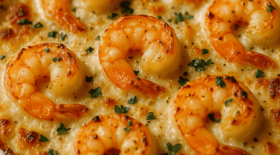 Creamy garlic shrimp gratin baked with a golden breadcrumb and cheese topping, served hot in a white baking dish as a rich, savory seafood casserole perfect for dinner or entertaining.