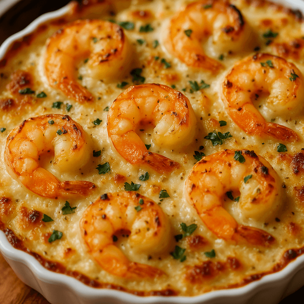 Creamy garlic shrimp gratin baked with a golden breadcrumb and cheese topping, served hot in a white baking dish as a rich, savory seafood casserole perfect for dinner or entertaining.