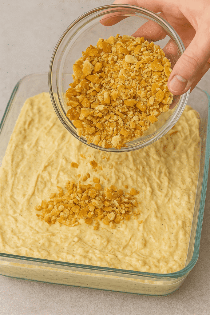 Here I’m sprinkling crushed Ritz crackers over the creamy chicken casserole. I tossed them with melted butter first to get that crispy, golden finish after baking—it’s one of my favorite parts!