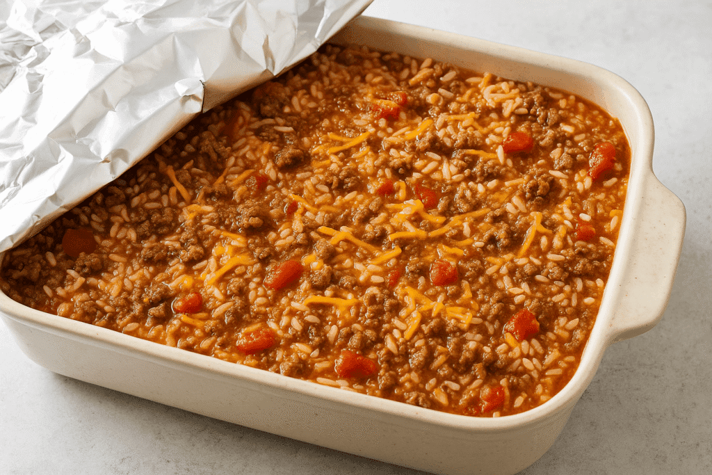 A high-resolution image of a southern beef and rice casserole mixture spread evenly in a greased 9x13-inch baking dish, covered partially with foil and ready to go into the oven. Captured by Sam for readyprepmeals.com, this step captures the “Assemble and Bake” process in a classic cheesy beef rice bake recipe that’s easy, family-friendly, and freezer-ready.