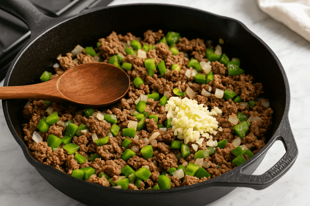 A close-up image of ground beef browning in a large skillet with diced onion, green bell pepper, and minced garlic, representing the “Brown the Beef and Aromatics” step in the southern beef and rice casserole recipe. Captured by Sam from readyprepmeals.com, this step is the flavor foundation of a cheesy beef rice bake and classic one-dish Southern casserole.
