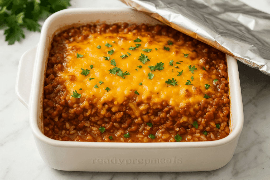 A freshly baked southern beef and rice casserole topped with a bubbling, golden layer of melted cheddar cheese and garnished with parsley. The foil has been removed, and the casserole is resting on a stovetop, ready to serve. Captured by Sam from readyprepmeals.com, this image highlights the “Finish with Cheese” step in a classic, cheesy beef rice casserole—perfect for freezer meals and one-dish Southern dinners.
