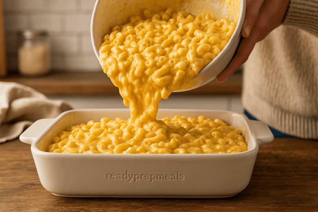 Pouring the mixed macaroni and cheese into a greased 9x13-inch casserole dish, then topping it evenly with shredded cheddar before baking. This image captures the “Combine and Layer” step from the Classic Southern Macaroni and Cheese Casserole recipe on readyprepmeals.com.