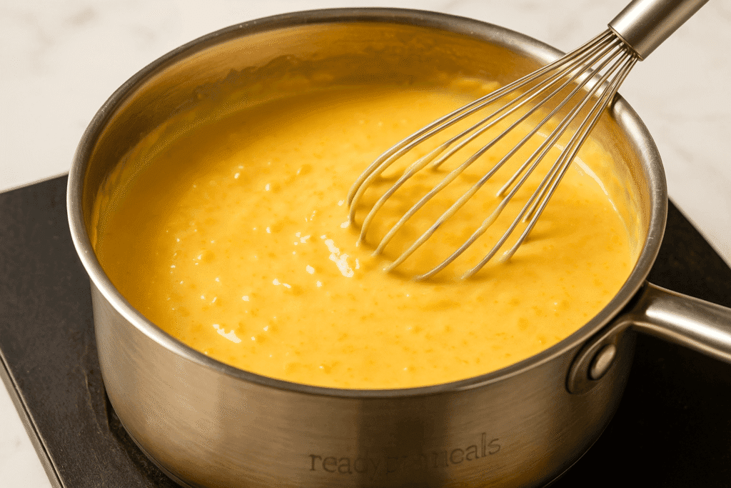 A saucepan on medium heat showing butter, flour, milk, and cream being whisked into a smooth cheese sauce. The sauce is thickened and golden as shredded cheddar and mozzarella are being stirred in. This image visually represents the “Make the Cheese Sauce” step from the Classic Southern Macaroni and Cheese Casserole recipe on readyprepmeals.com.