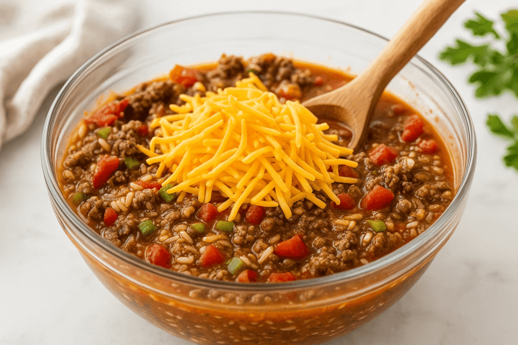 A high-resolution photo capturing a large mixing bowl filled with browned ground beef, uncooked long grain rice, canned tomatoes, tomato sauce, beef broth, and seasonings being stirred together with shredded cheddar cheese. This image illustrates the “Mix the Filling” step in the southern beef and rice casserole recipe from readyprepmeals.com, a key stage in making this cheesy beef rice bake.