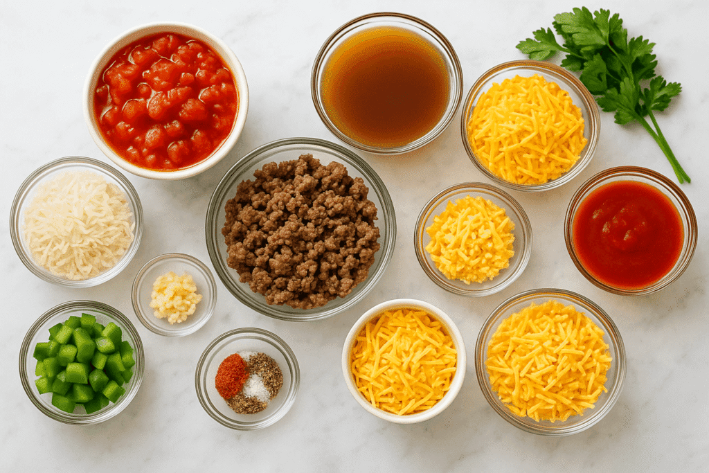 An overhead, high-resolution photo showcasing fresh ingredients for a southern beef and rice casserole. The image includes ground beef, uncooked long grain white rice, diced onion, green bell pepper, garlic, canned diced tomatoes, tomato sauce, shredded cheddar cheese, parsley, Worcestershire sauce, and seasonings—all arranged naturally on a rustic kitchen surface. Captured by Sam from readyprepmeals.com, this visual supports the prep stage of an easy, cheesy beef rice bake recipe.