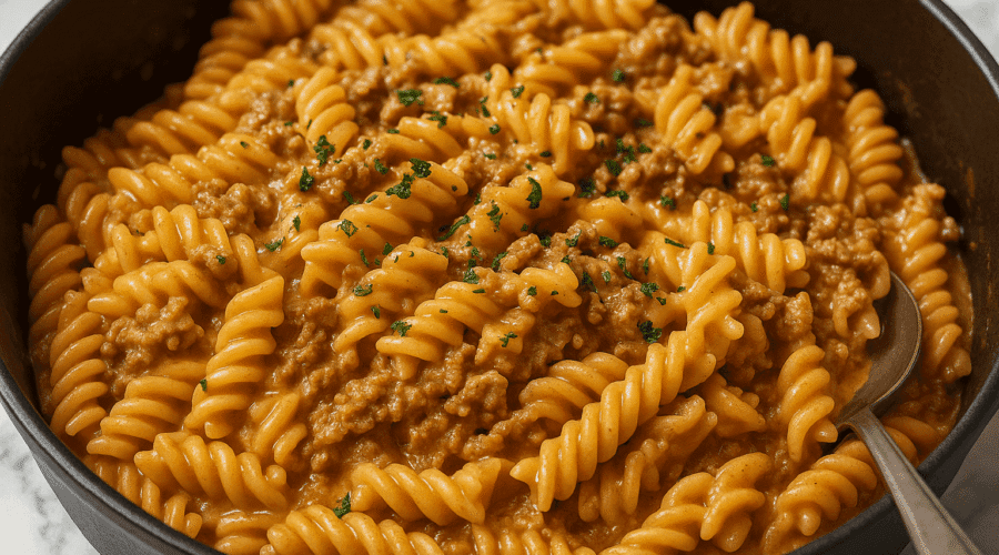 Stovetop creamy ground beef pasta made with rotini noodles, seasoned beef, and a rich cheese sauce—served hot in a skillet for an easy, hearty one-pot dinner