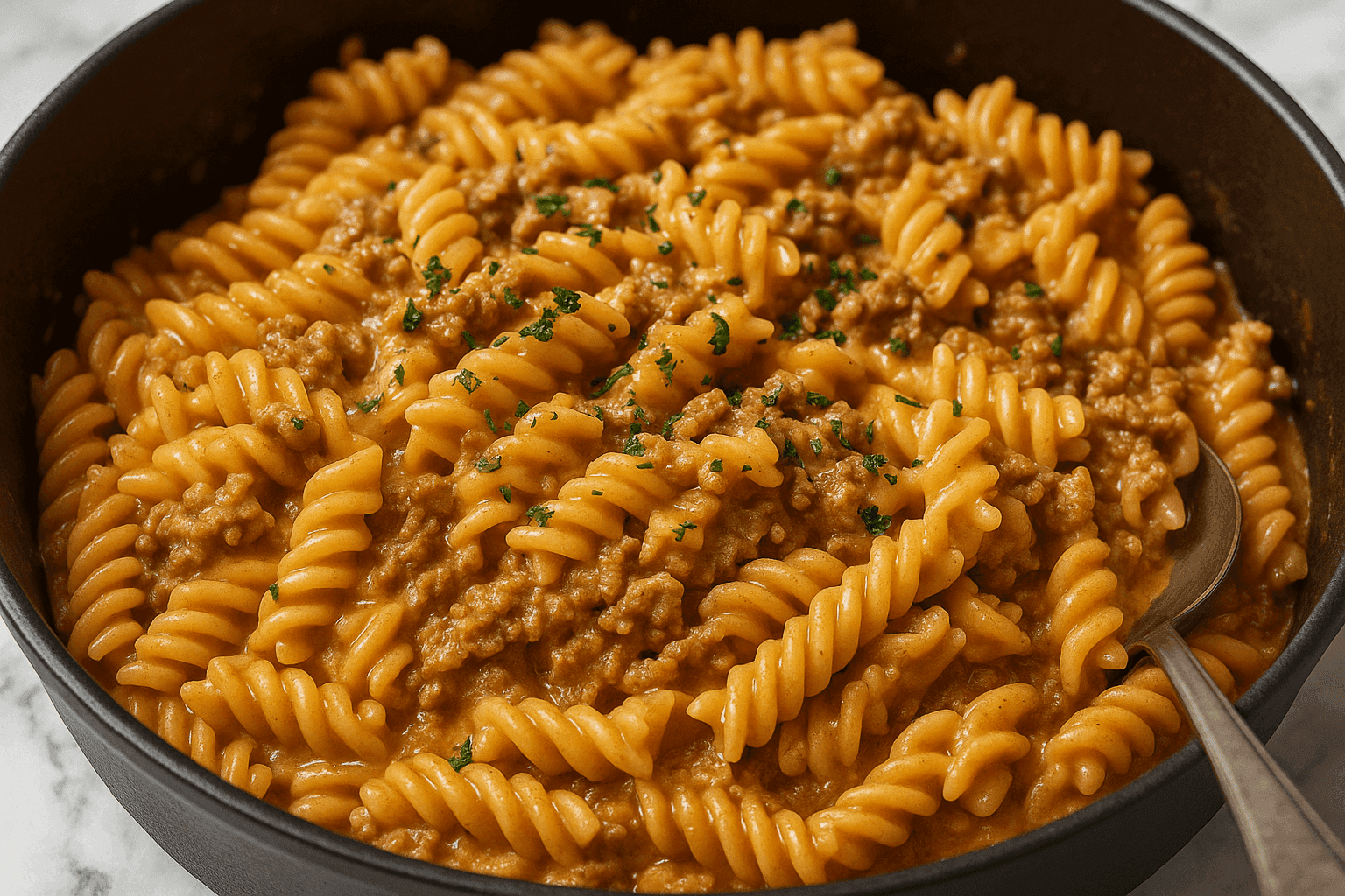 Stovetop creamy ground beef pasta made with rotini noodles, seasoned beef, and a rich cheese sauce—served hot in a skillet for an easy, hearty one-pot dinner