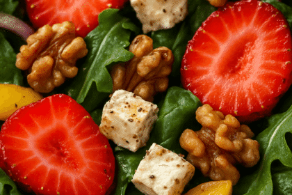 Extreme close-up of strawberry goat cheese salad highlighting textures of fresh spinach, sliced strawberries, seasoned goat cheese cubes, walnuts, red onion, and yellow bell pepper with balsamic glaze.