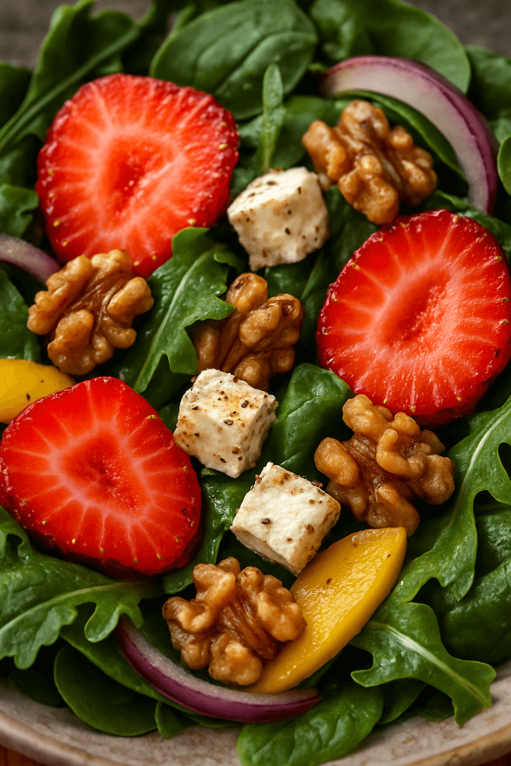 Extreme close-up of strawberry goat cheese salad highlighting textures of fresh spinach, sliced strawberries, seasoned goat cheese cubes, walnuts, red onion, and yellow bell pepper with balsamic glaze.