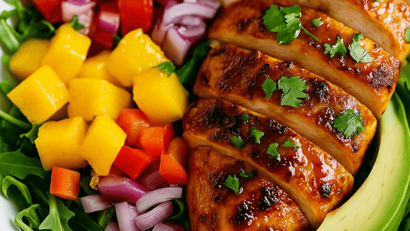 Angled close-up of Sweet Chili Chicken and Mango Salad in a white bowl with grilled chicken glazed in chili sauce, surrounded by mango, avocado, red onion, red bell pepper, and fresh arugula on a wooden background.