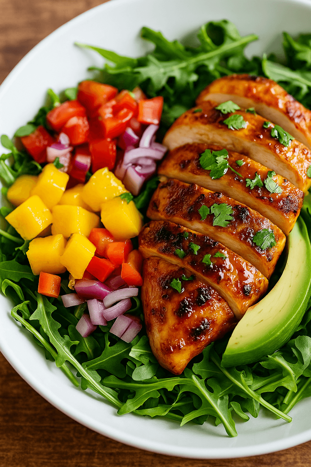 Angled close-up of Sweet Chili Chicken and Mango Salad in a white bowl with grilled chicken glazed in chili sauce, surrounded by mango, avocado, red onion, red bell pepper, and fresh arugula on a wooden background.