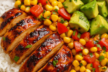 Close-up of honey chipotle chicken bowl showing glazed chicken slices, vibrant corn and tomato salsa, and creamy avocado chunks on a bed of white rice.