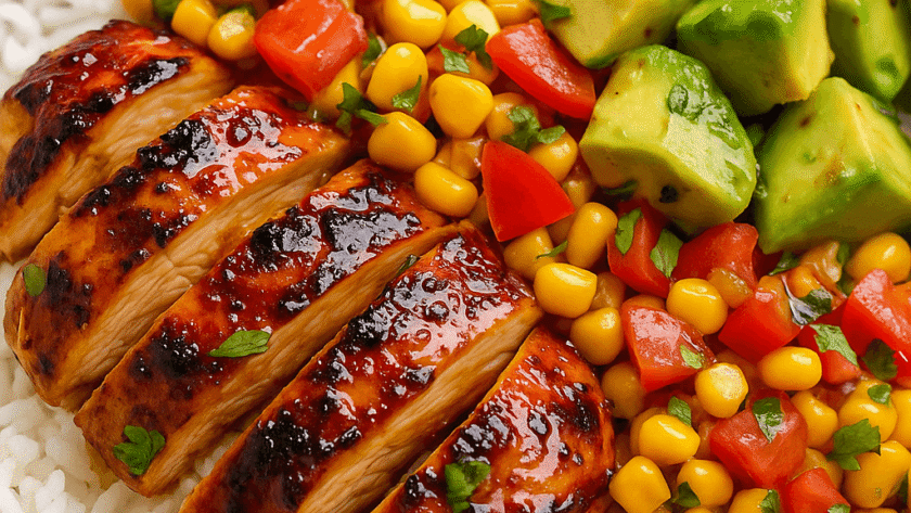 Close-up of honey chipotle chicken bowl showing glazed chicken slices, vibrant corn and tomato salsa, and creamy avocado chunks on a bed of white rice.