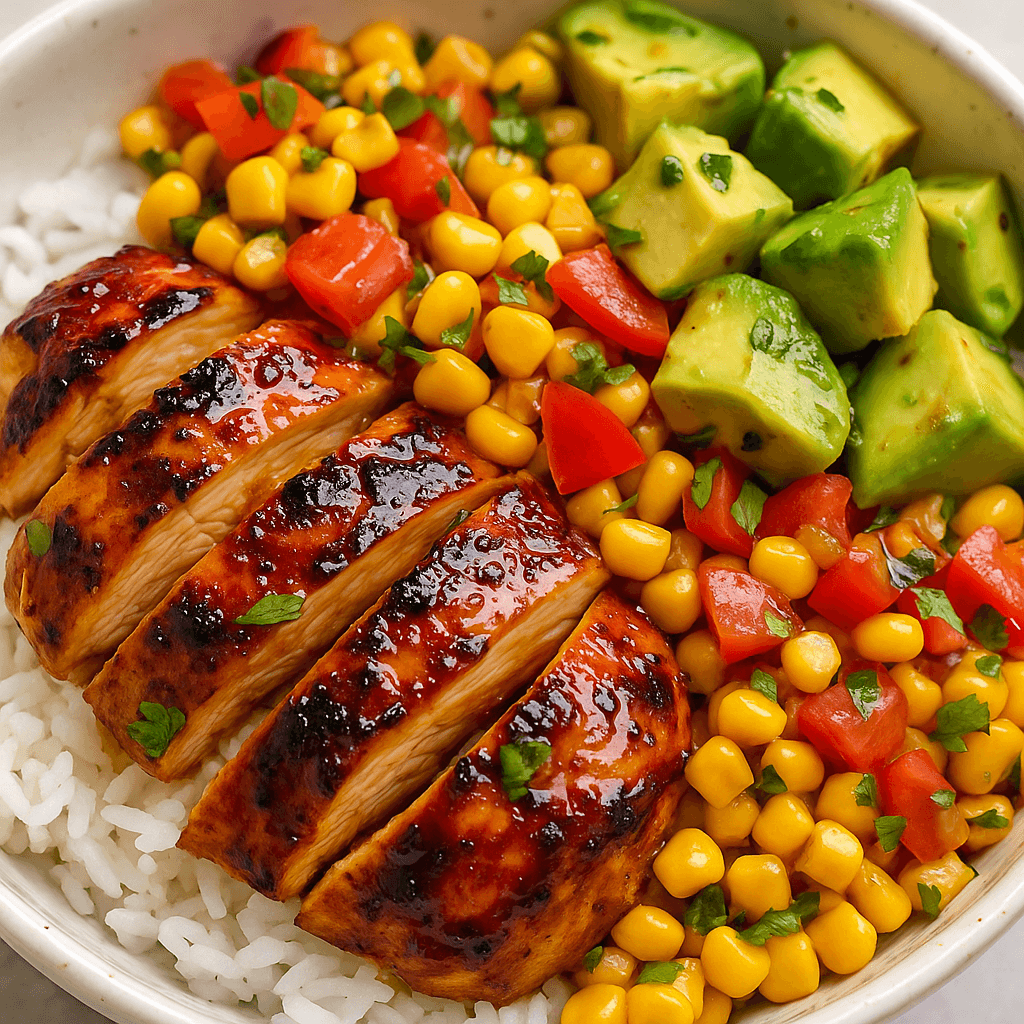 Close-up of honey chipotle chicken bowl showing glazed chicken slices, vibrant corn and tomato salsa, and creamy avocado chunks on a bed of white rice.
