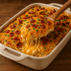 A cheesy crack chicken spaghetti bake in a cream ceramic dish with etched readyprepmeals logo, with a wooden spoon lifting a slice from the corner, showing melty texture and crisp bacon.