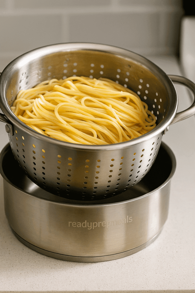 A close-up view of perfectly cooked spaghetti draining in a stainless steel colander over a pot with the "readyprepmeals" logo etched on the base.