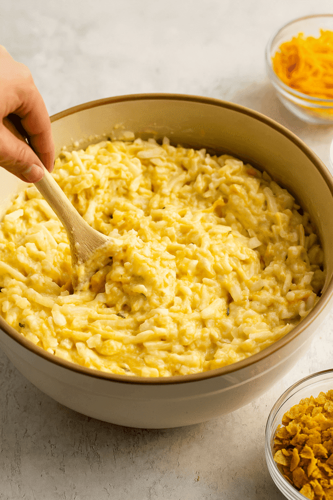 A hand stirs a creamy mixture of hash browns, cheese, and sour cream in a beige ceramic bowl with shredded cheddar and cornflakes nearby.
