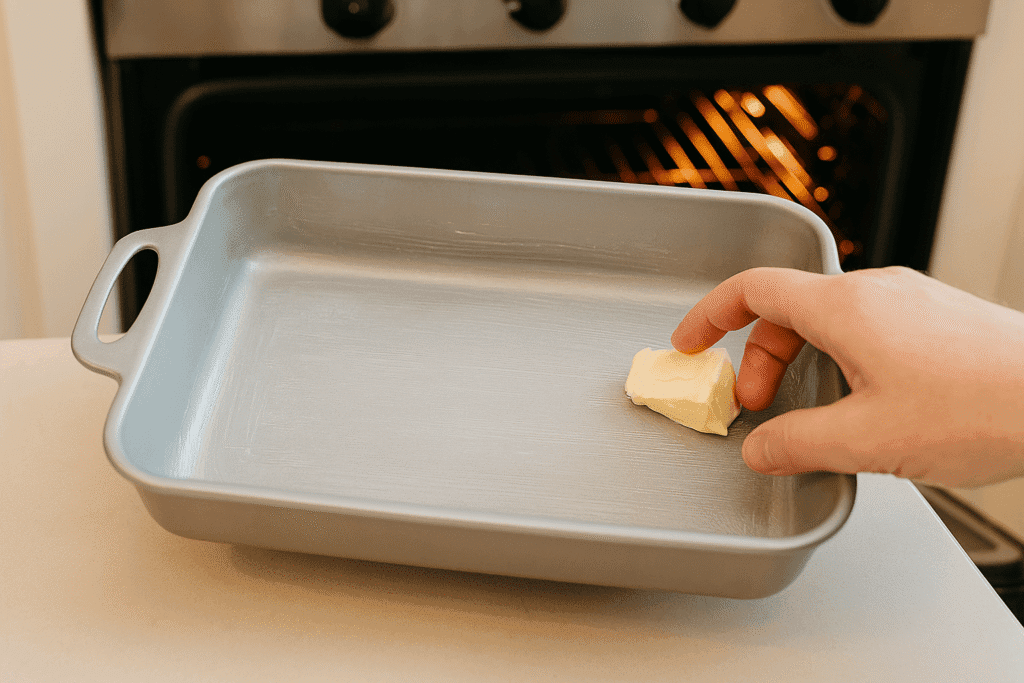 A hand greasing a light gray aluminum baking dish with a pat of butter in front of an open preheated oven, ready for making funeral potatoes.