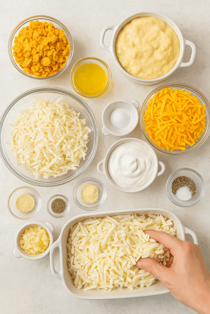 Overhead photo showing ingredients for funeral potatoes, including hash browns, shredded cheddar, sour cream, cream of chicken soup, cornflakes, butter, seasonings, and chopped onion in various bowls.