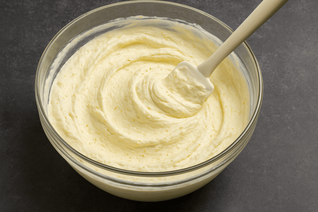 Creamy lemon mascarpone filling in a glass bowl with a white spatula, showing smooth, whipped texture and lemon zest flecks on a dark countertop.