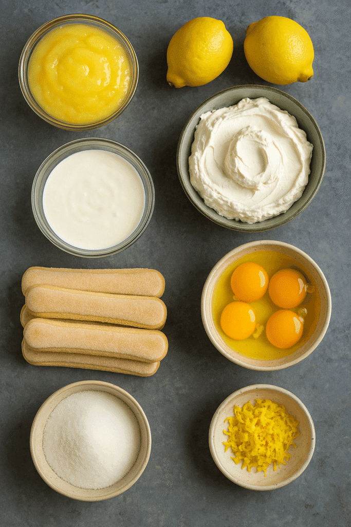 Overhead view of lemon tiramisu ingredients including mascarpone, lemon curd, eggs, ladyfingers, sugar, lemon zest, and whole lemons arranged on a dark countertop.