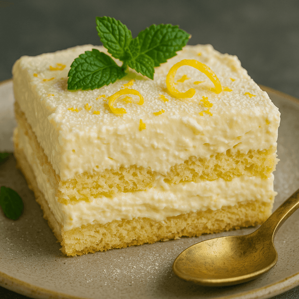 Close-up of a slice of lemon tiramisu on a rustic beige plate, showing distinct layers of lemon mascarpone and soaked ladyfingers, topped with lemon zest and mint.