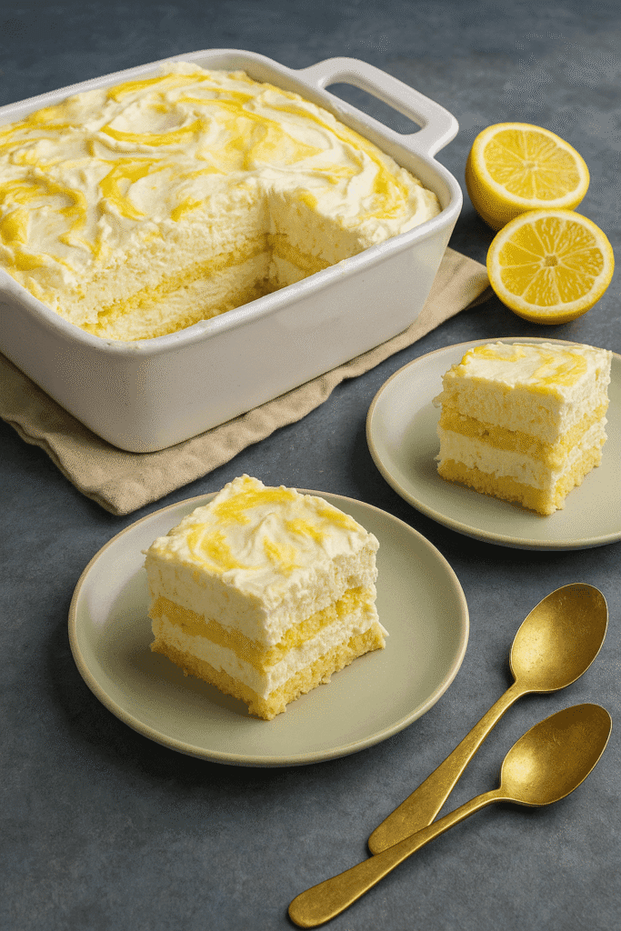 Lemon tiramisu with mascarpone layers served on muted green plates with rustic gold spoons, set against a dark slate background for a natural, cozy feel.