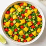 Top view of a vibrant mango salad in a white bowl, featuring diced mangoes, red bell pepper, cucumber, jalapeños, red onion, and cilantro on a light surface.