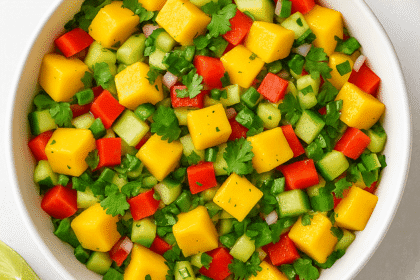 Top view of a vibrant mango salad in a white bowl, featuring diced mangoes, red bell pepper, cucumber, jalapeños, red onion, and cilantro on a light surface.