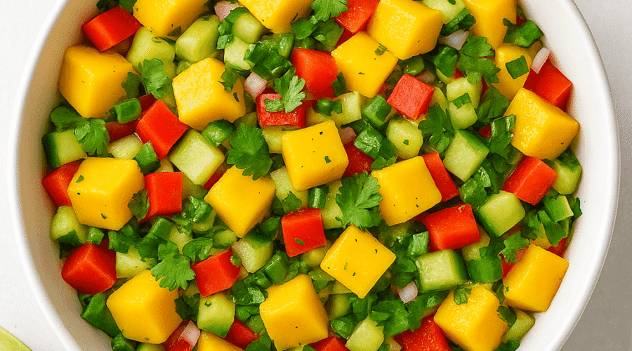 Top view of a vibrant mango salad in a white bowl, featuring diced mangoes, red bell pepper, cucumber, jalapeños, red onion, and cilantro on a light surface.