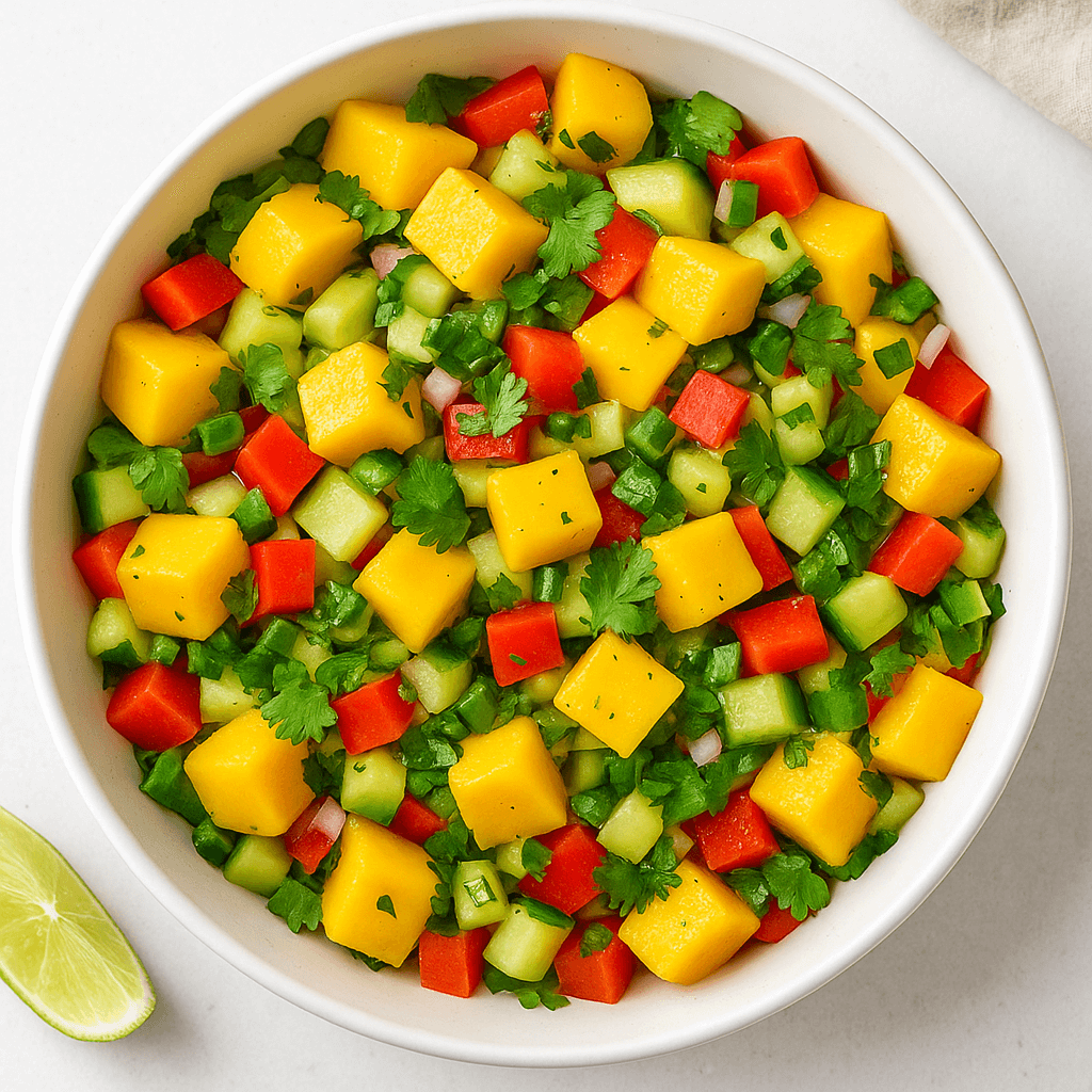 Top view of a vibrant mango salad in a white bowl, featuring diced mangoes, red bell pepper, cucumber, jalapeños, red onion, and cilantro on a light surface.