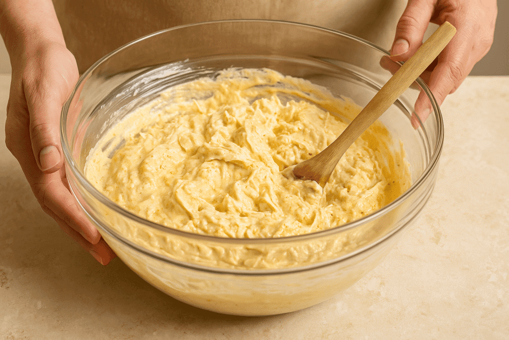 A person mixing creamy chicken casserole filling in a glass bowl with a wooden spoon, showing thick yellow mixture of cream cheese, soup, cheddar, and shredded chicken.