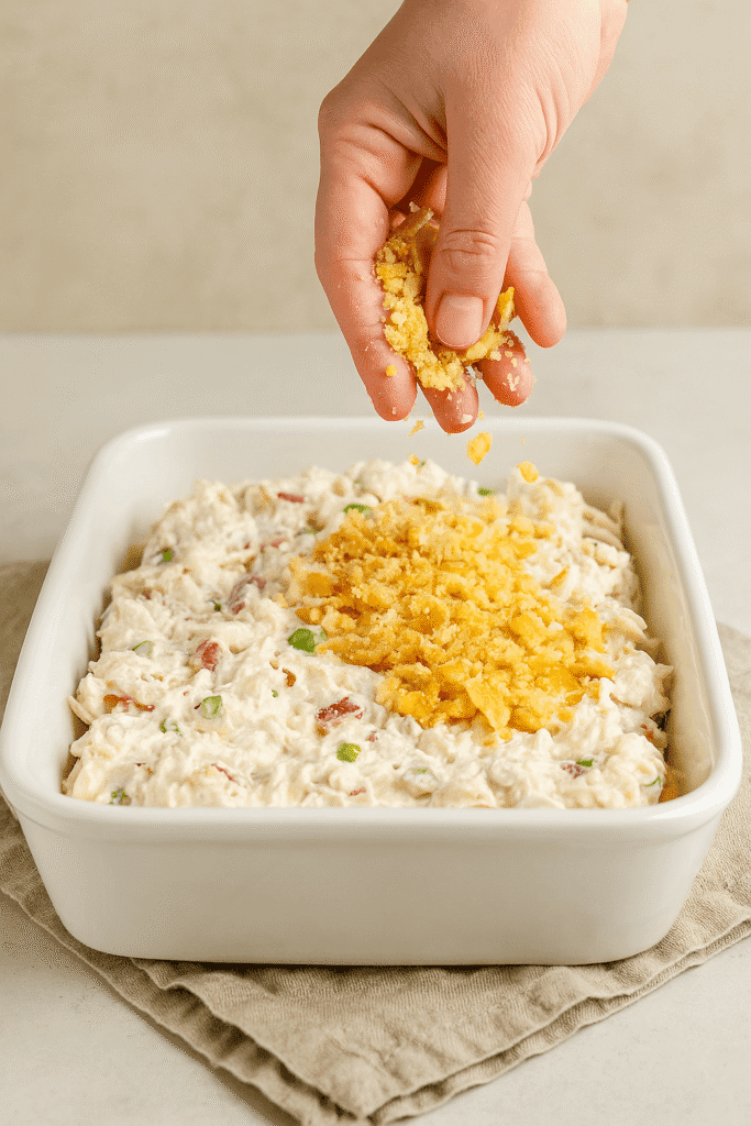 A close-up of a hand sprinkling golden crushed Ritz crackers onto a creamy chicken mixture in a white casserole dish, set on a beige cloth with natural light.