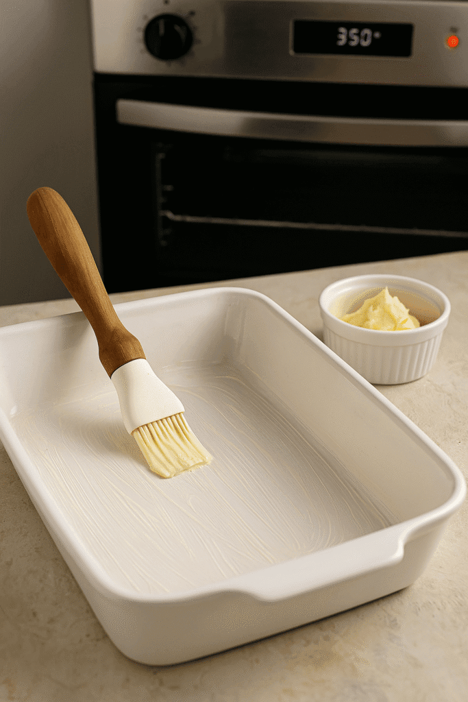 A baking dish being greased with butter using a pastry brush, set on a kitchen counter in front of an oven preheated to 350°F, with a small ramekin of butter nearby.