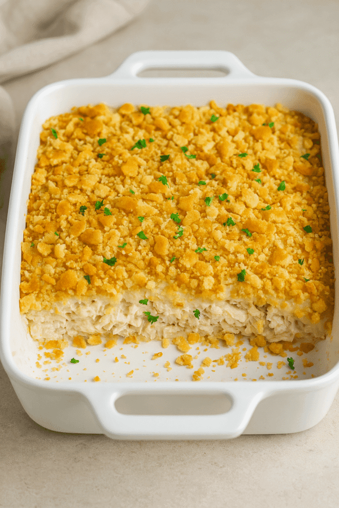 Golden baked Neiman Marcus Chicken Casserole with buttery Ritz topping and parsley, served in a white ceramic dish with one corner sliced.
