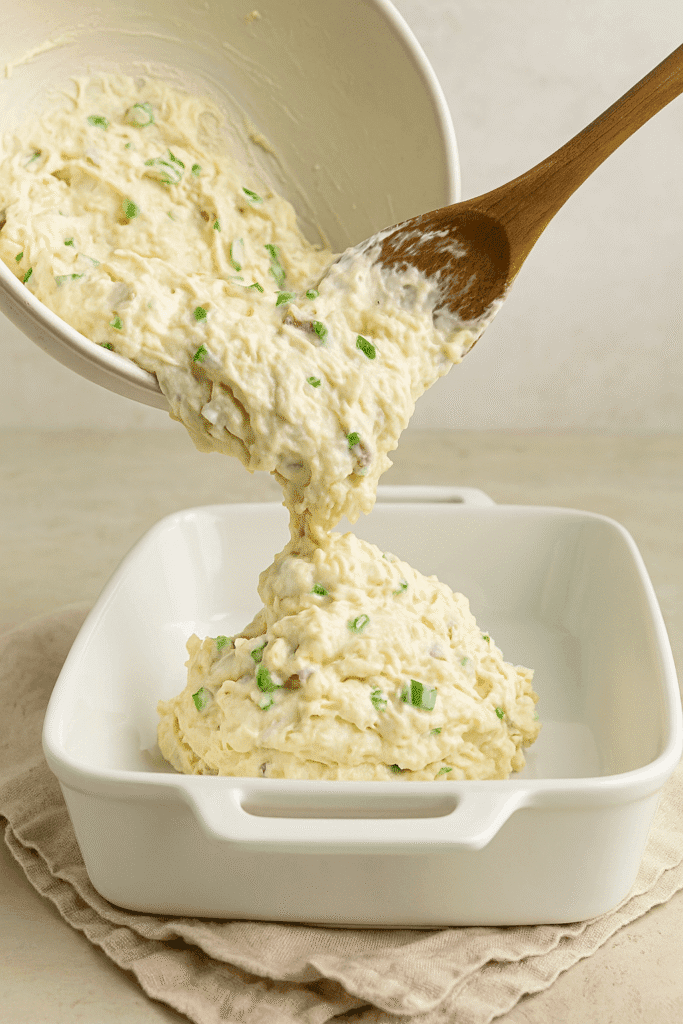 Creamy chicken casserole mixture being poured from a white mixing bowl into a ceramic baking dish using a wooden spoon, with green onions and bacon visible.