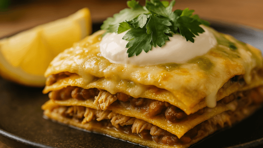 Close-up shot of Pastel Azteca layers with shredded chicken, beans, and melted cheese, topped with sour cream and fresh cilantro, served with lemon wedges on a rustic dark plate.
