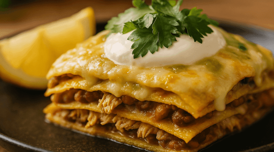 Close-up shot of Pastel Azteca layers with shredded chicken, beans, and melted cheese, topped with sour cream and fresh cilantro, served with lemon wedges on a rustic dark plate.