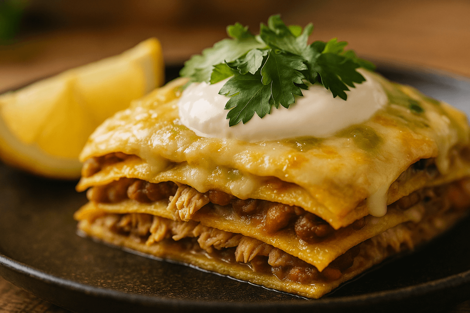 Close-up shot of Pastel Azteca layers with shredded chicken, beans, and melted cheese, topped with sour cream and fresh cilantro, served with lemon wedges on a rustic dark plate.