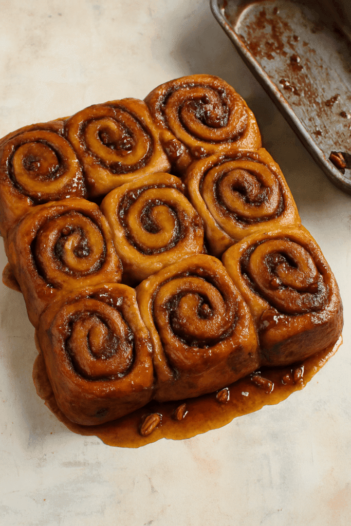 Freshly baked cinnamon date sticky buns flipped onto a cutting board, coated in glossy glaze with visible pecans, with the empty baking pan in the background.