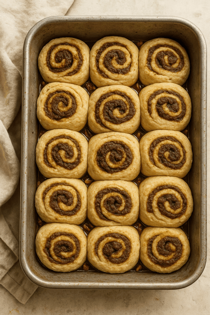 Cinnamon date sticky buns in a worn metal baking pan, swirled with thick date filling and nestled in glossy glaze with visible pecan pieces, ready to rise.