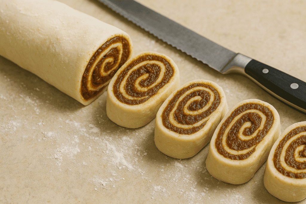 Freshly cut cinnamon date sticky buns lined on a floured surface, showing their spiraled filling, with a serrated knife resting nearby.