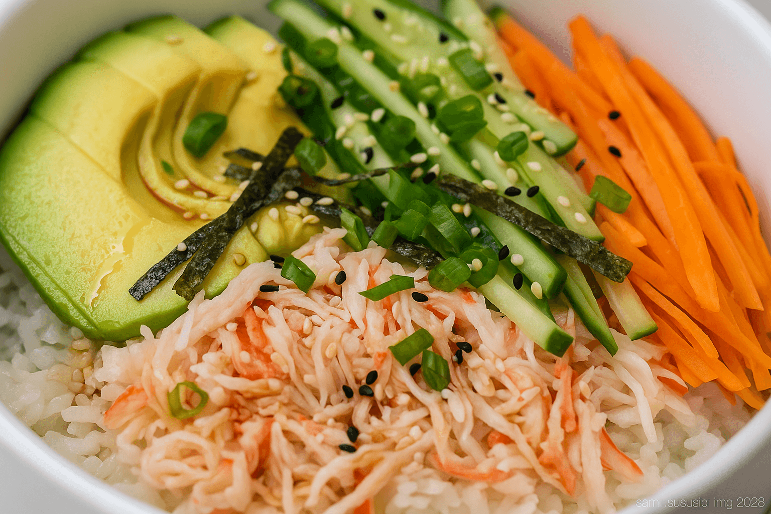 Close-up of a California Roll Sushi Bowl with avocado slices, shredded crab, julienned cucumber and carrots, nori strips, green onions, and sesame seeds over sushi rice.
