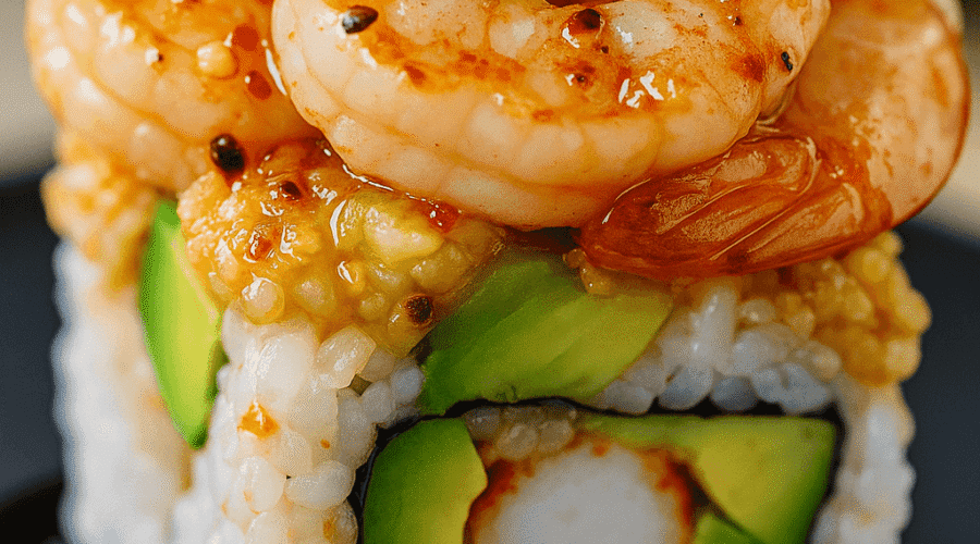 Macro close-up of a spicy shrimp sushi stack highlighting tender shrimp glazed in chili sauce, avocado slices, sticky sushi rice, and soy glaze on a black plate, topped with chopped green onions.