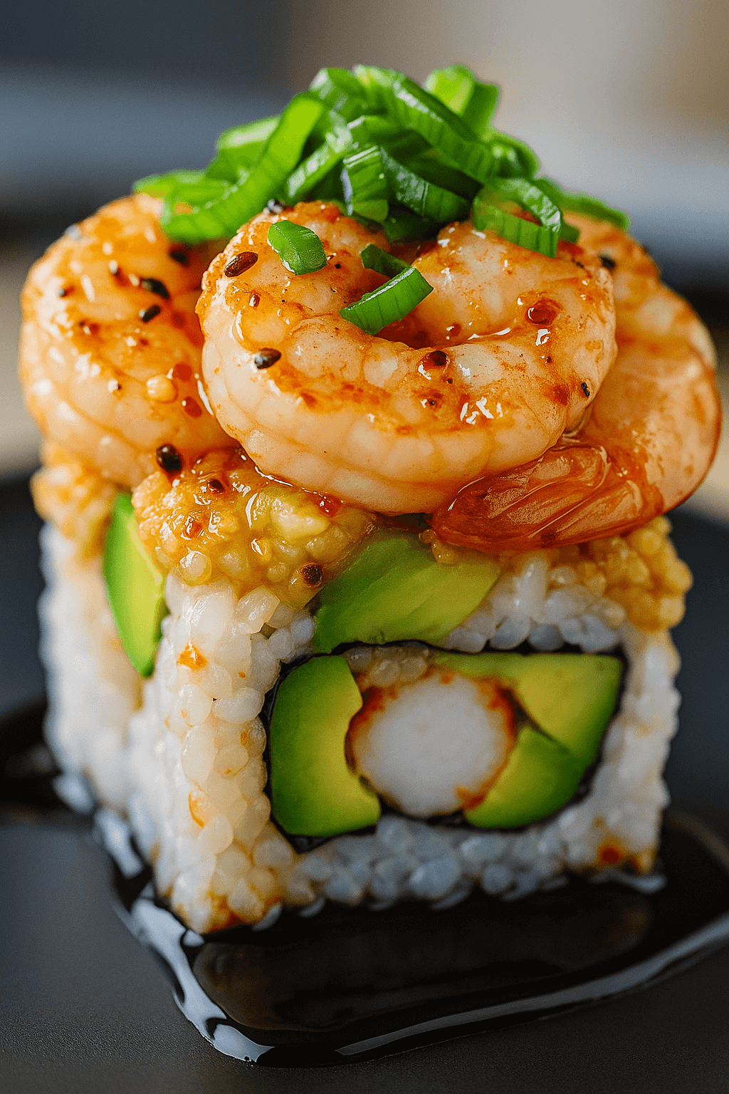 Macro close-up of a spicy shrimp sushi stack highlighting tender shrimp glazed in chili sauce, avocado slices, sticky sushi rice, and soy glaze on a black plate, topped with chopped green onions.