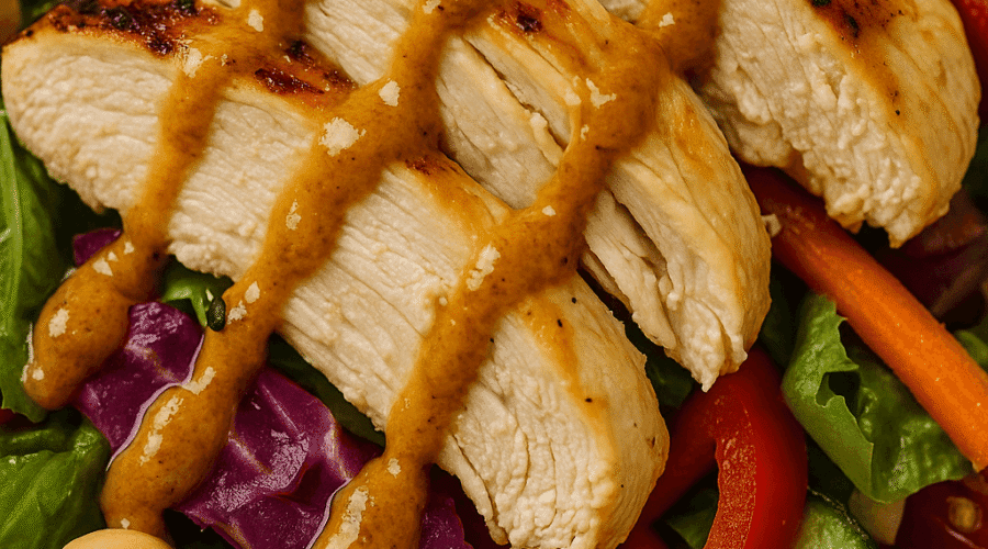 Close-up image of Thai chicken salad highlighting juicy grilled chicken slices, crunchy red cabbage, carrots, cucumbers, and peanuts, all coated in a rich peanut dressing with visible sesame seeds and crisp textures