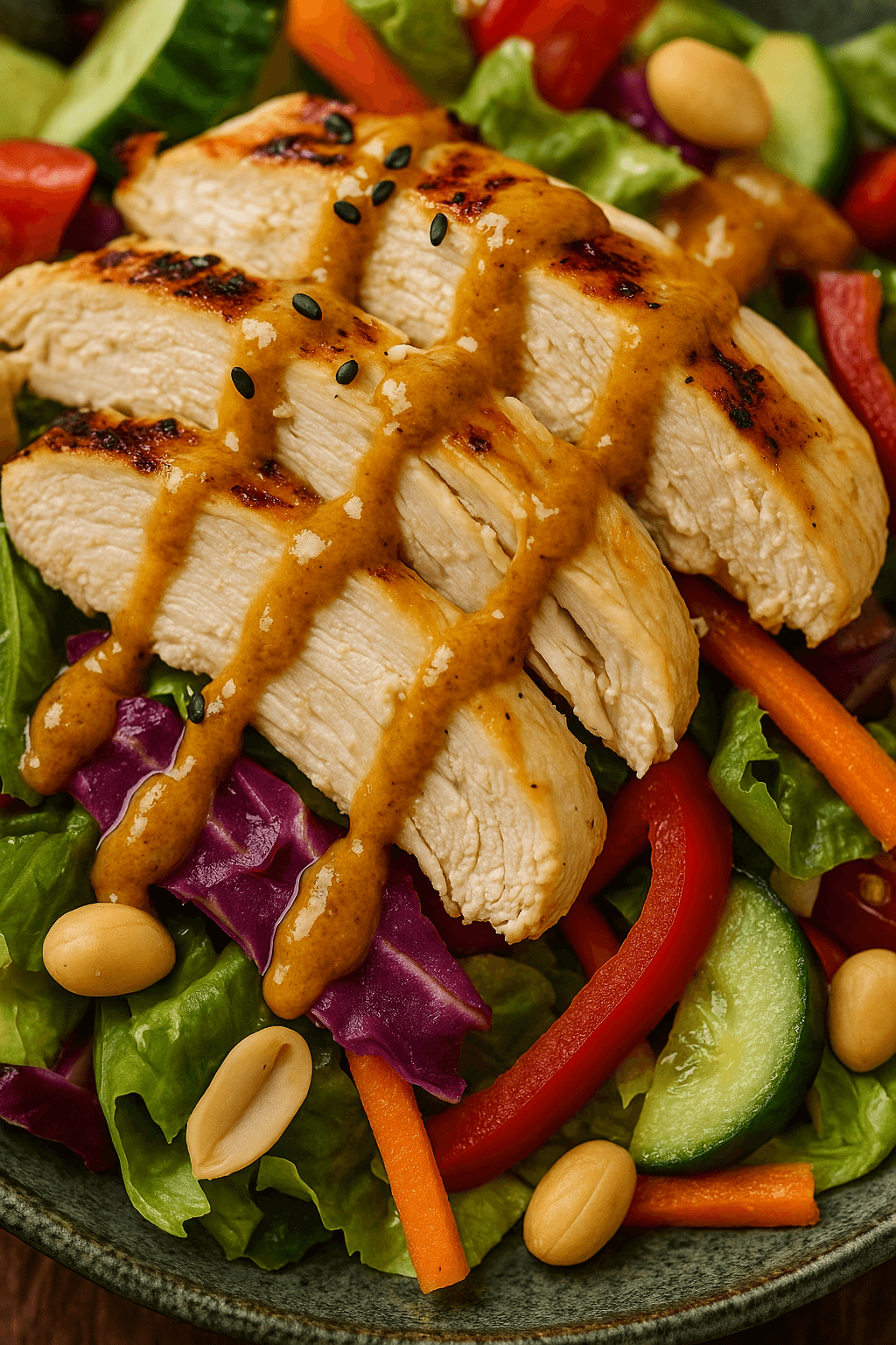 Close-up image of Thai chicken salad highlighting juicy grilled chicken slices, crunchy red cabbage, carrots, cucumbers, and peanuts, all coated in a rich peanut dressing with visible sesame seeds and crisp textures