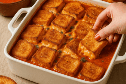 A freshly baked tomato soup and grilled cheese casserole in a baking dish, showing golden grilled cheese cubes slightly sunken into a rich, creamy tomato base, photographed at a slight angle to highlight depth and texture.